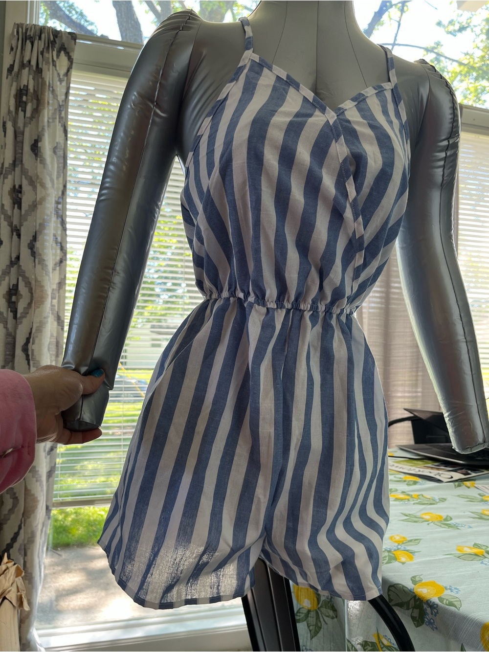 Blue and White Striped Sleeveless Romper